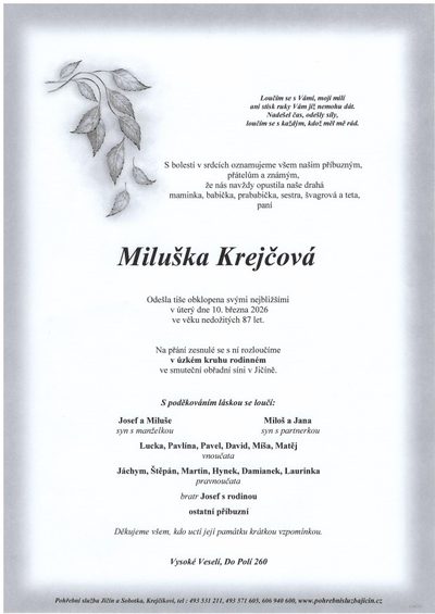 Smuteční oznámení – Miluška Krejčová