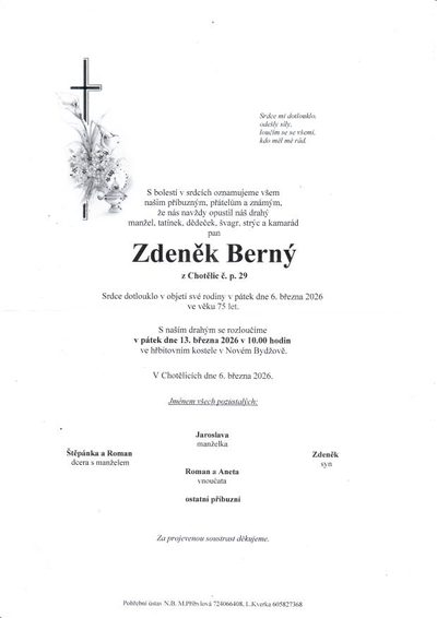 Smuteční oznámení – Zdeněk Berný