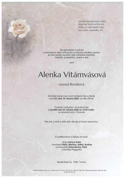 Smuteční oznámení – Alenka Vitámvásová