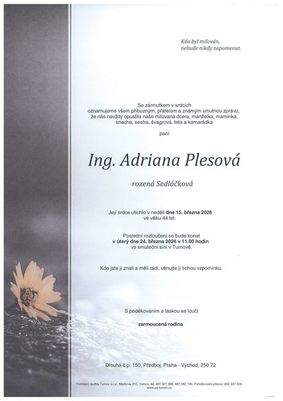 Smuteční oznámení – Adriana Plesová