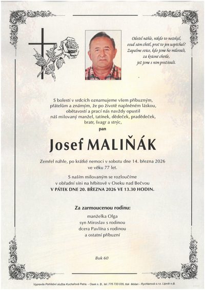 Smuteční oznámení – Josef Maliňák