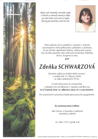 Smuteční oznámení – Zdeňka Schwarzová