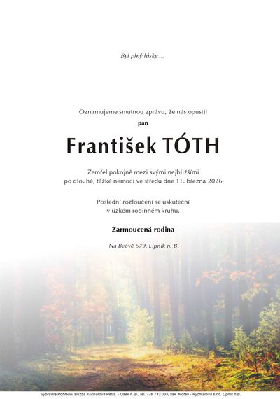 Smuteční oznámení – František Tóth
