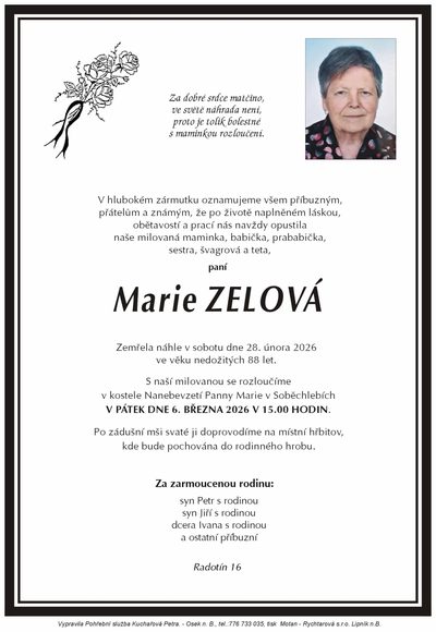 Smuteční oznámení – Marie Zelová