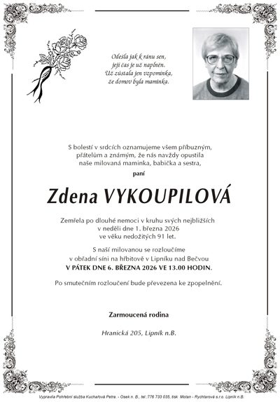 Smuteční oznámení – Zdena Vykoupilová