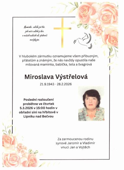 Smuteční oznámení – Miroslava Výstřelová