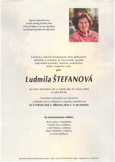 Smuteční oznámení – Ludmila Štefanová