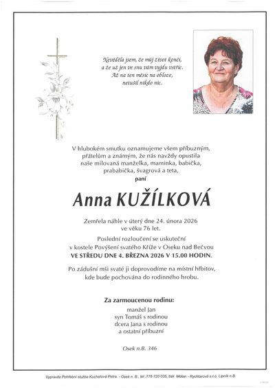 Smuteční oznámení – Anna Kužílková