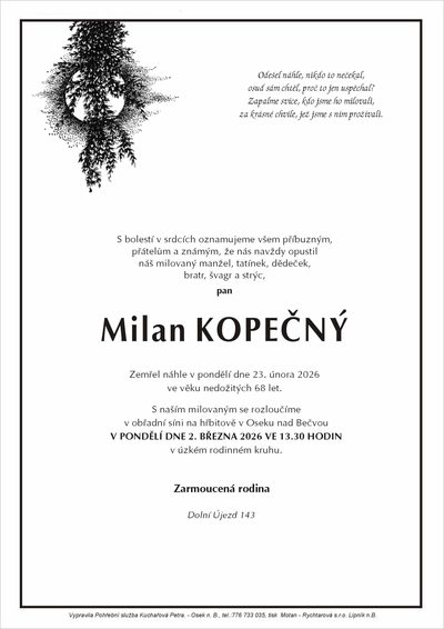 Smuteční oznámení – Milan Kopečný