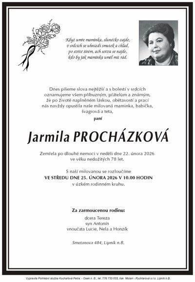 Smuteční oznámení – Jarmila Procházková