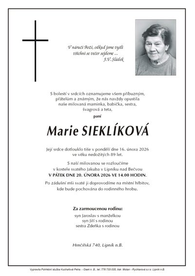 Smuteční oznámení – Marie Sieklíková