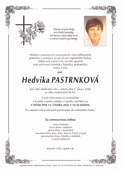 Smuteční oznámení – Hedvika Pastrnková
