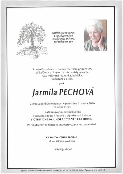 Smuteční oznámení – Jarmila Pechová