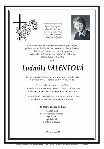 Smuteční oznámení – Ludmila Valentová