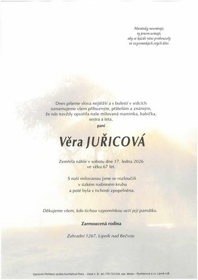 Smuteční oznámení – Věra Juřicová
