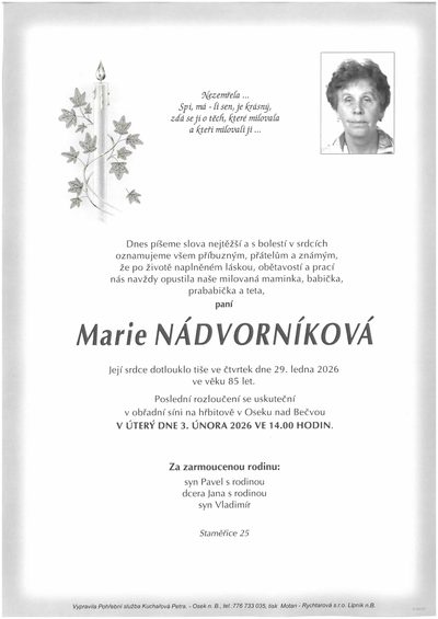 Smuteční oznámení – Marie Nádvorníková