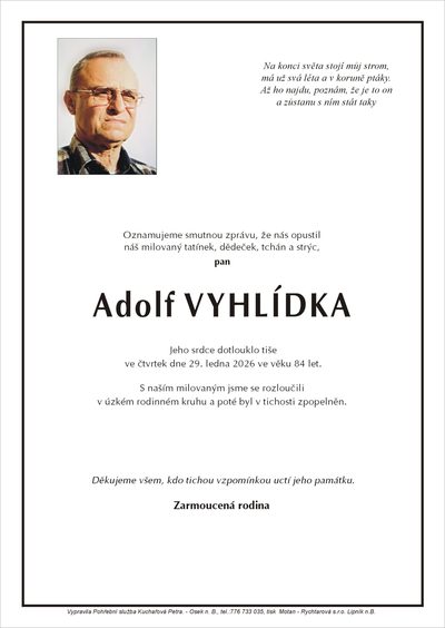 Smuteční oznámení – Adolf Vyhlídka