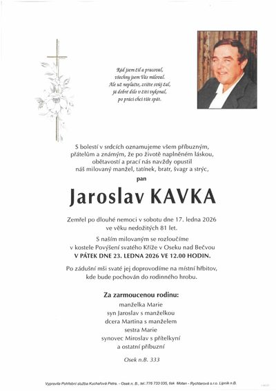 Smuteční oznámení – Jaroslav Kavka
