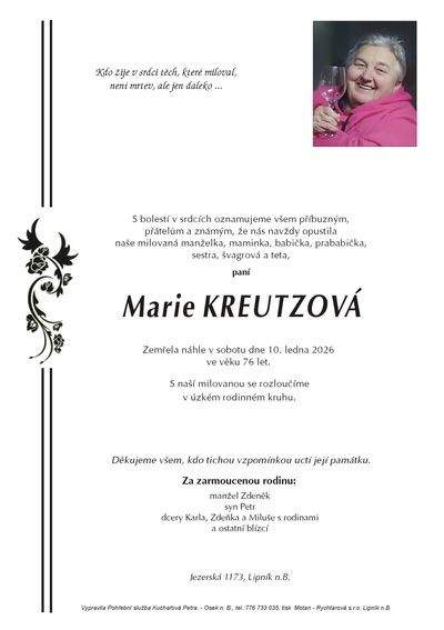 Smuteční oznámení – Marie Kreutzová