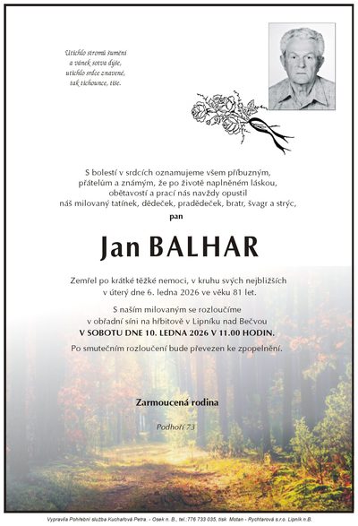 Smuteční oznámení – Jan Balhar