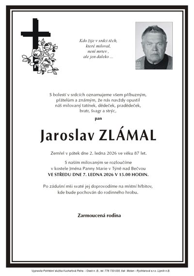 Smuteční oznámení – Jaroslav Zlámal
