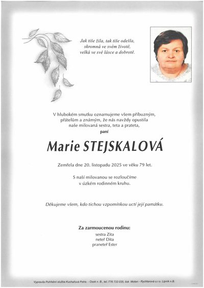 Smuteční oznámení – Marie Stejskalová