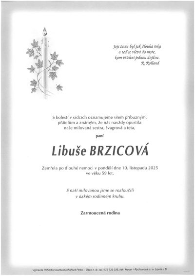 Smuteční oznámení – Libuše Brzicová