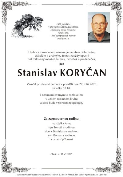Smuteční oznámení – Stanislav Koryčan