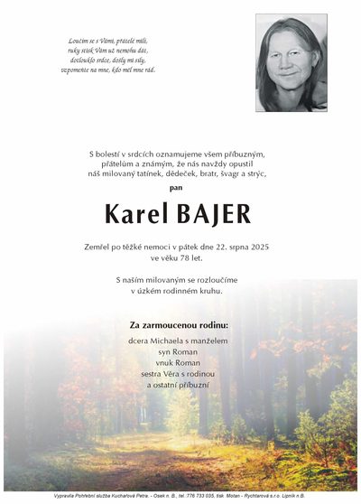 Smuteční oznámení – Karel Bajer