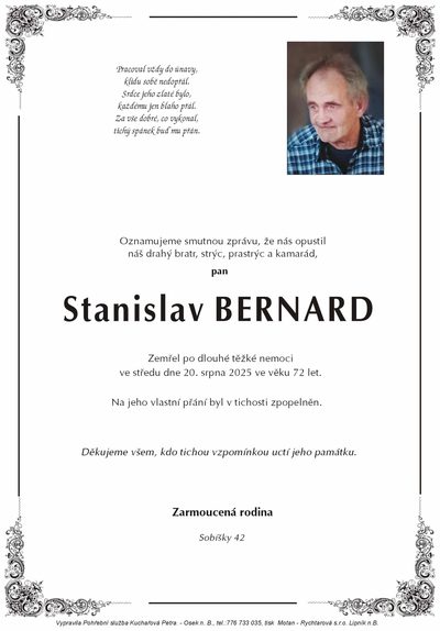 Smuteční oznámení – Stanislav Bernard