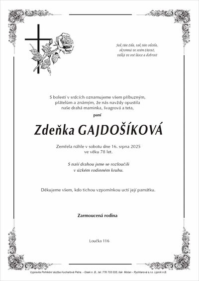 Smuteční oznámení – Zdeňka Gajdošíková