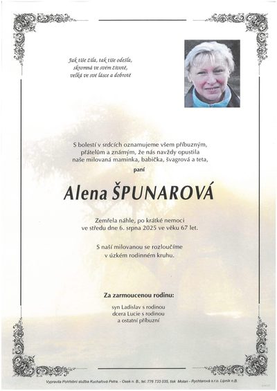Smuteční oznámení – Alena Špunarová