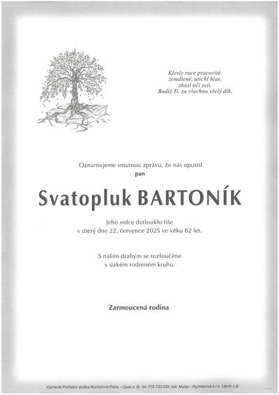 Smuteční oznámení – Svatopluk Bartoník