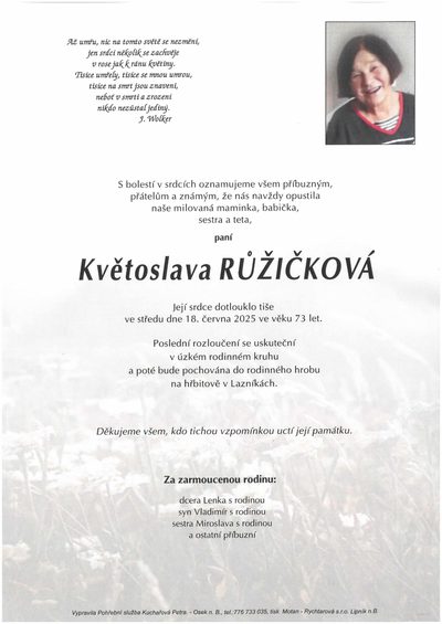 Smuteční oznámení – Květoslava Růžičková