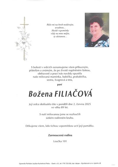 Smuteční oznámení – Božena Filiačová