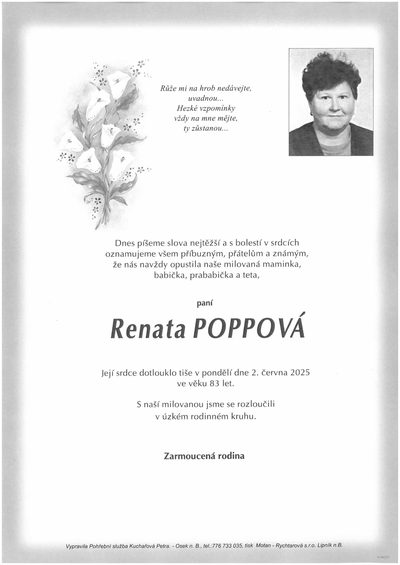 Smuteční oznámení – Renata Poppová