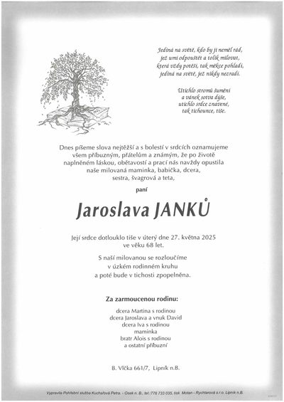 Smuteční oznámení – Jaroslava Janků