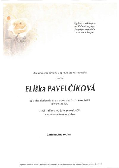Smuteční oznámení – Eliška Pavelčíková