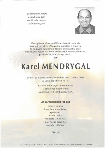 Smuteční oznámení – Karel Mendrygal