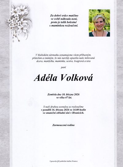Smuteční oznámení – Adéla Volková
