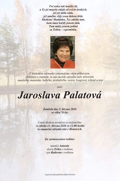 Smuteční oznámení – Jaroslava Palatová