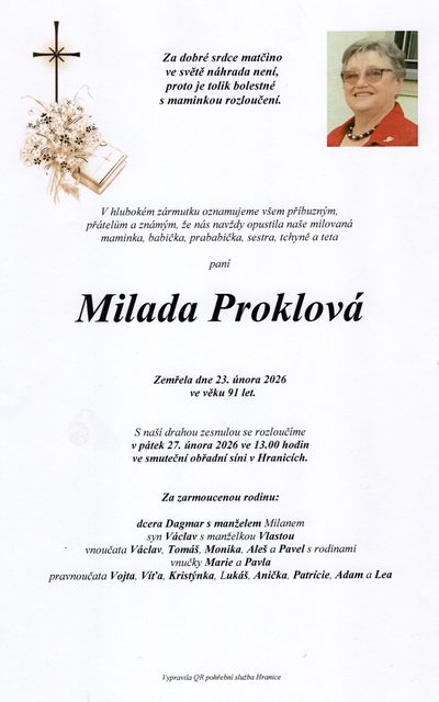 Smuteční oznámení – Milada Proklová