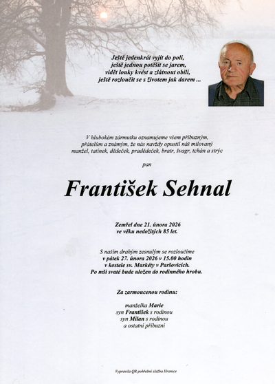 Smuteční oznámení – František Sehnal