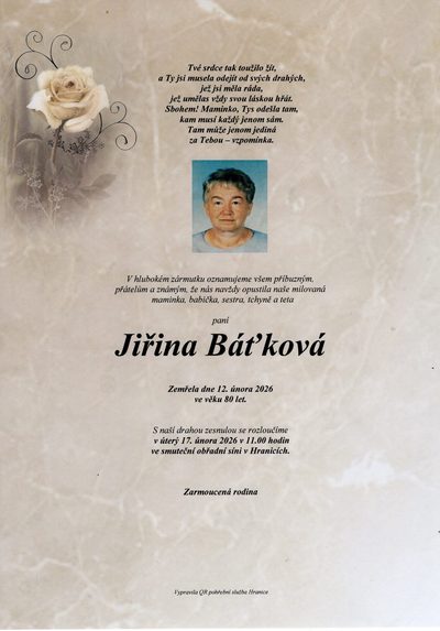 Smuteční oznámení – Jiřina Báťková