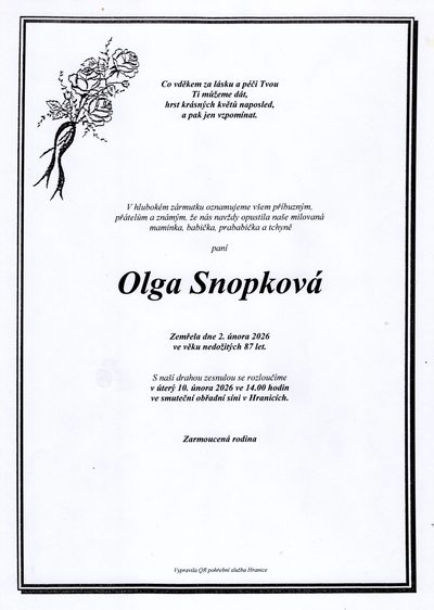 Smuteční oznámení – Olga Snopková