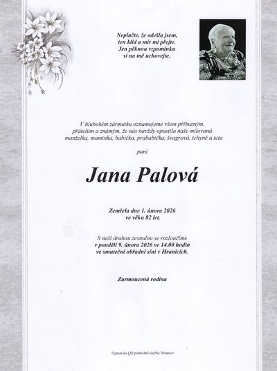 Smuteční oznámení – Jana Palová