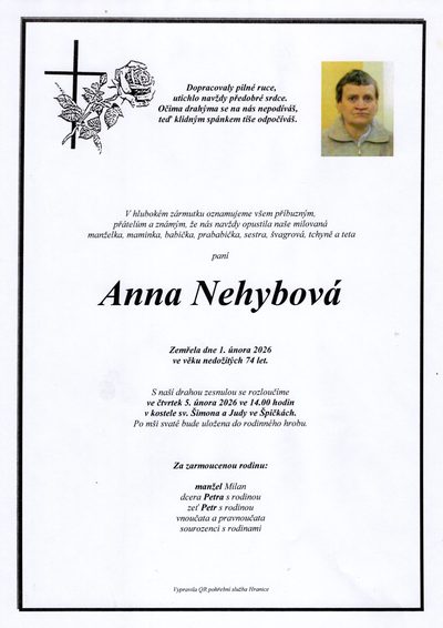 Smuteční oznámení – Anna Nehybová