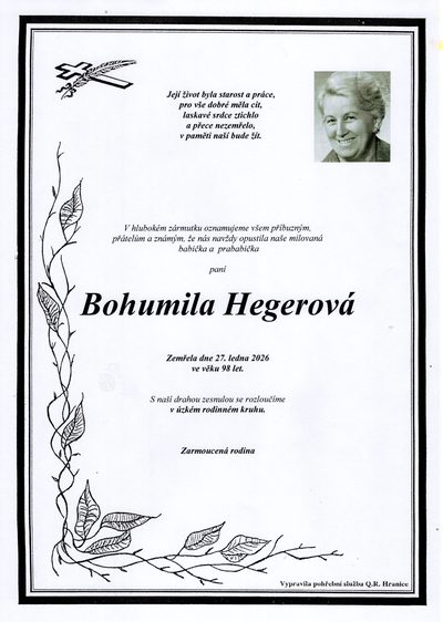 Smuteční oznámení – Bohumila Hegerová