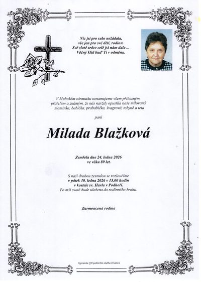 Smuteční oznámení – Milada Blažková