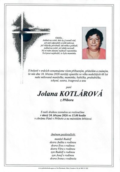 Smuteční oznámení – Jolana Kotlárová